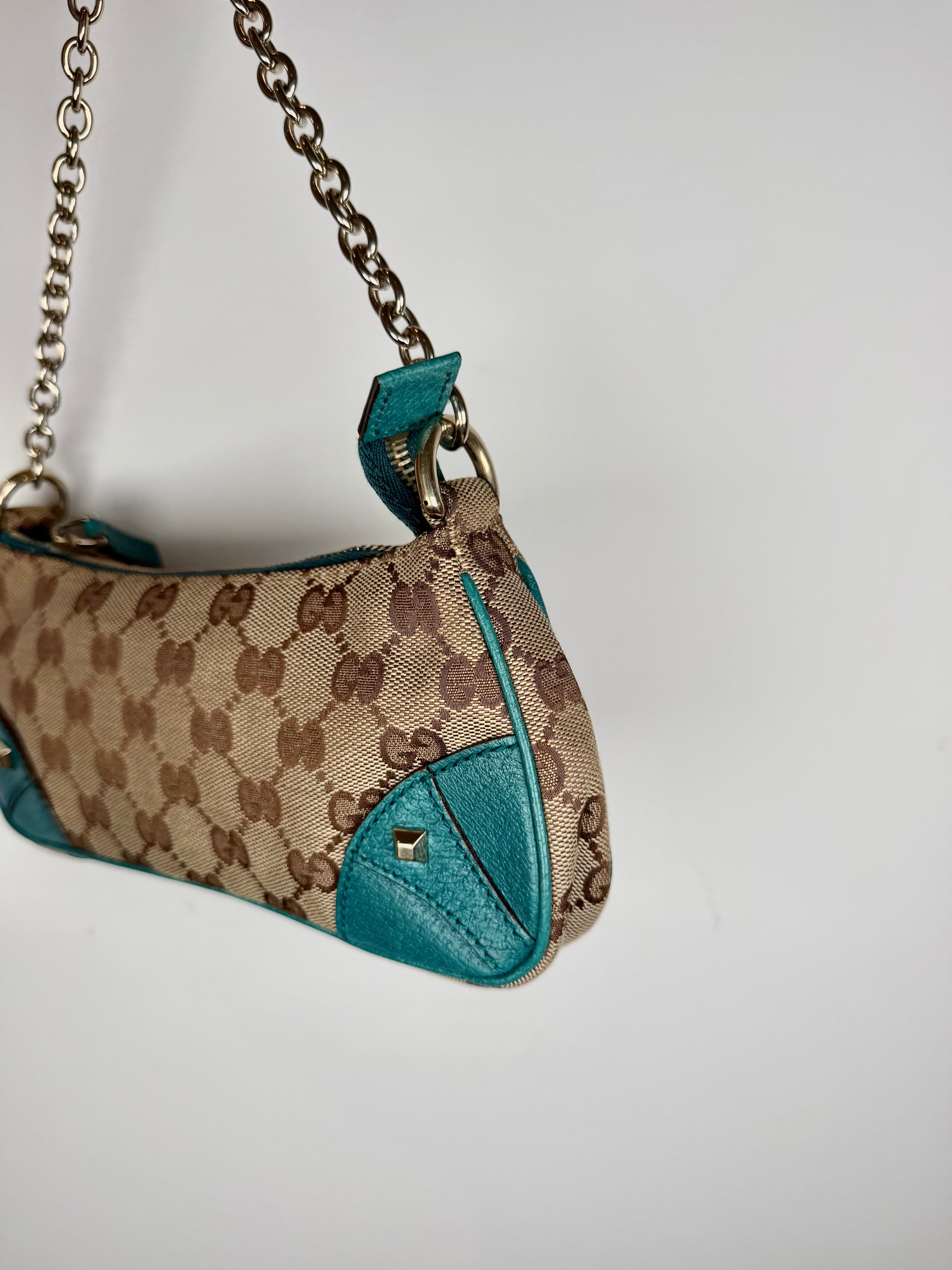 Gucci Monogram Nailhead Teal Trim Chain Bag