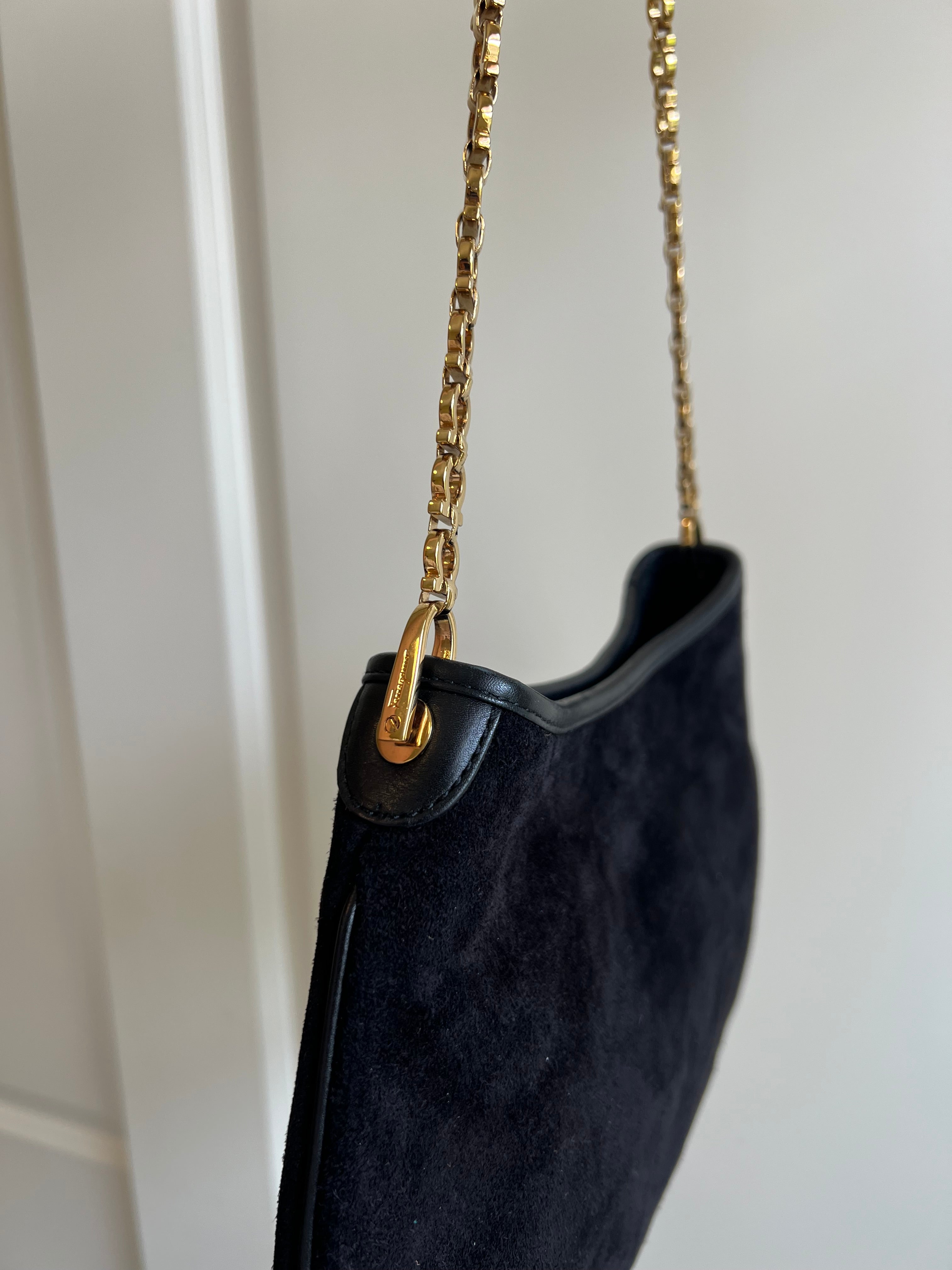 Salvatore Ferragamo Suede Shoulder Bag with Logo Chain