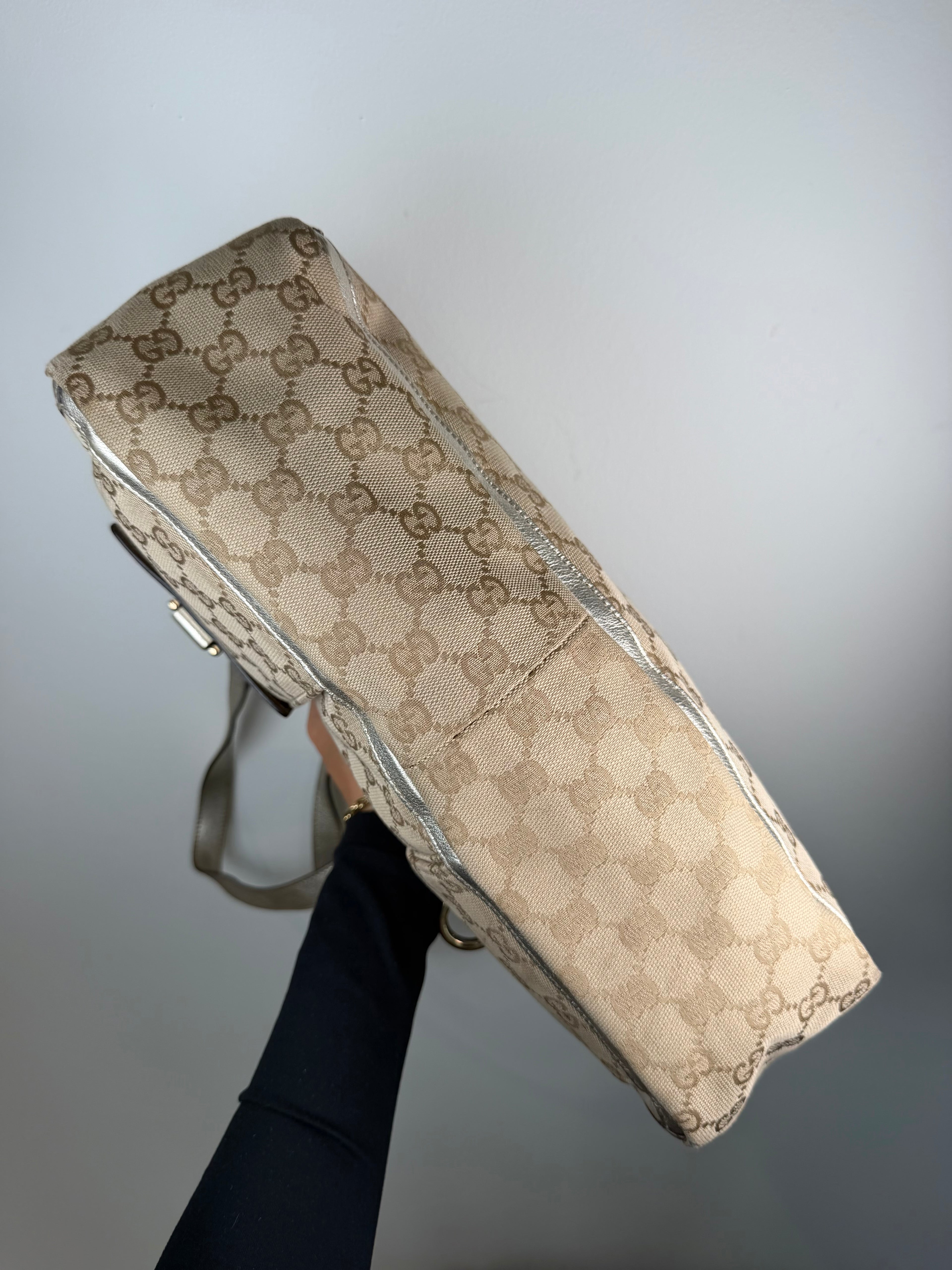 Gucci Monogram Gold Leather Trim Tote Bag