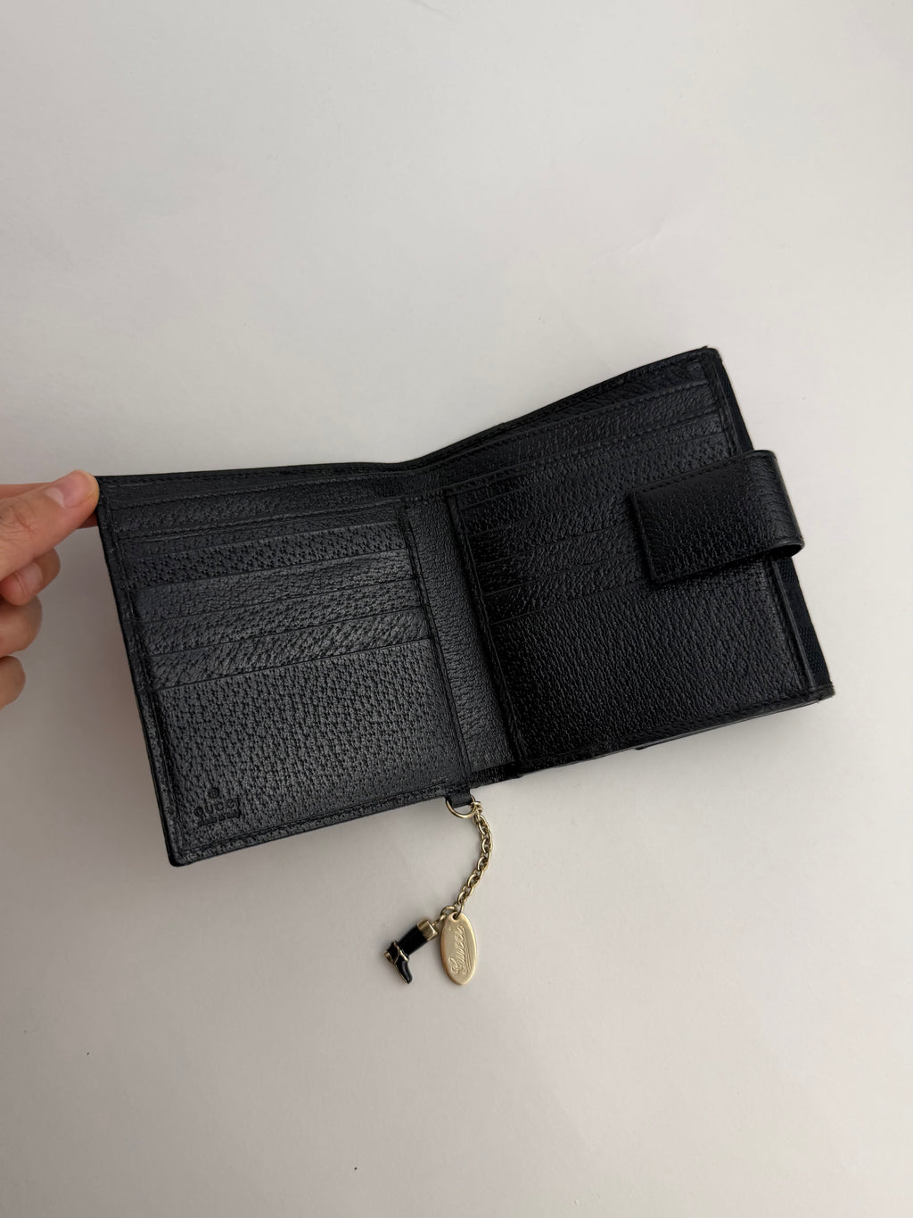 Gucci Black Monogram Charm Trifold Wallet
