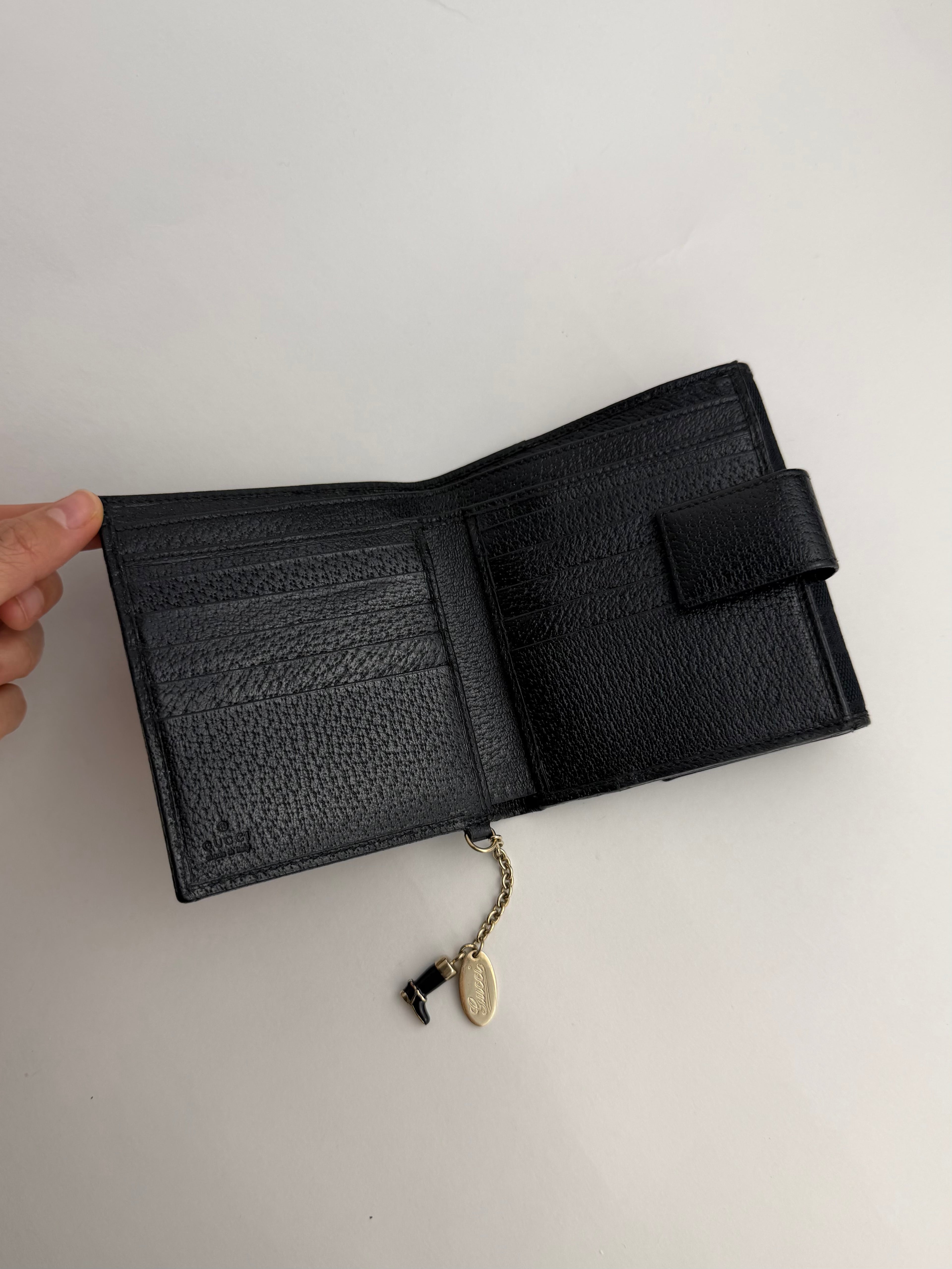 Gucci Black Monogram Charm Trifold Wallet