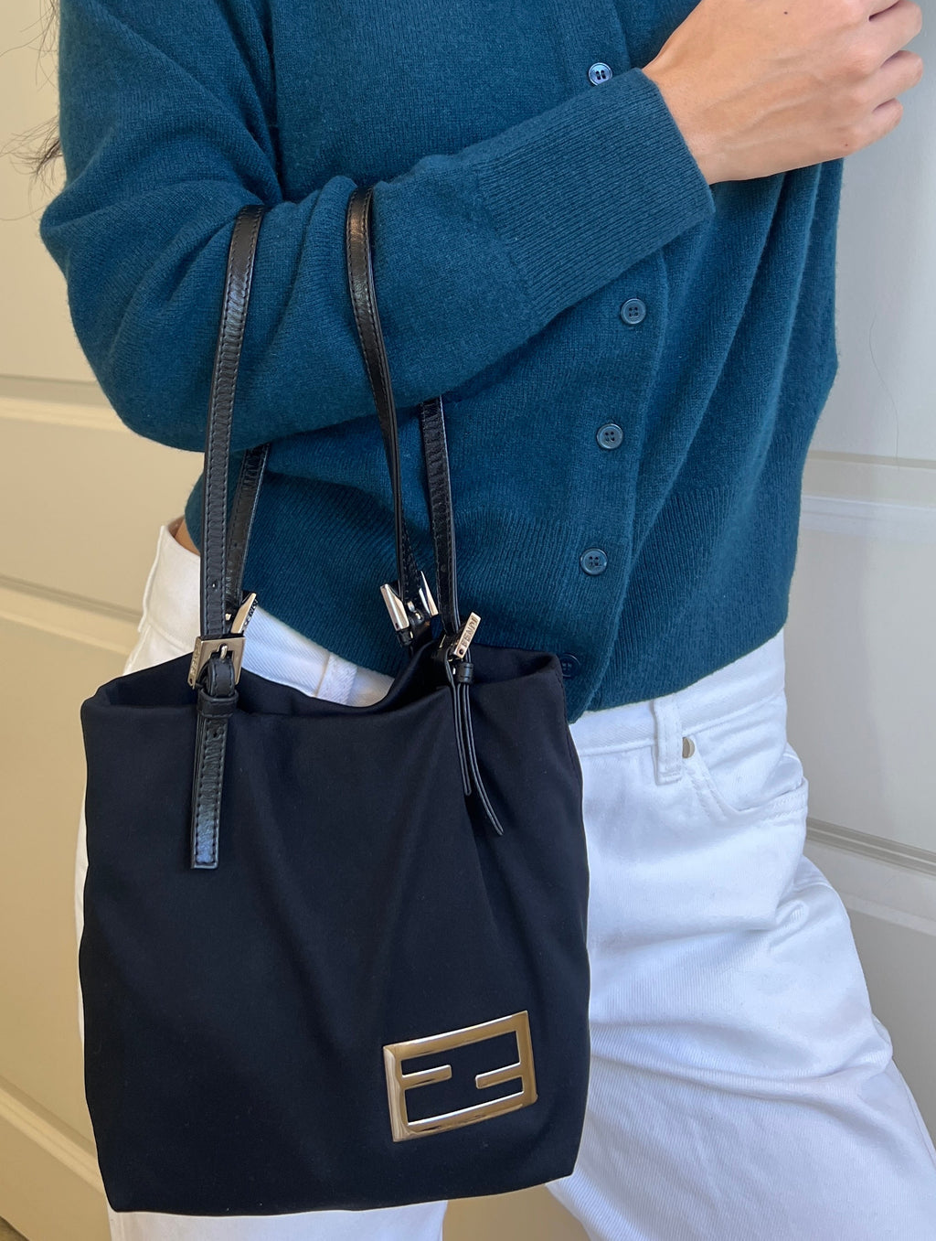 Fendi Nylon Black Leather Bucket Bag