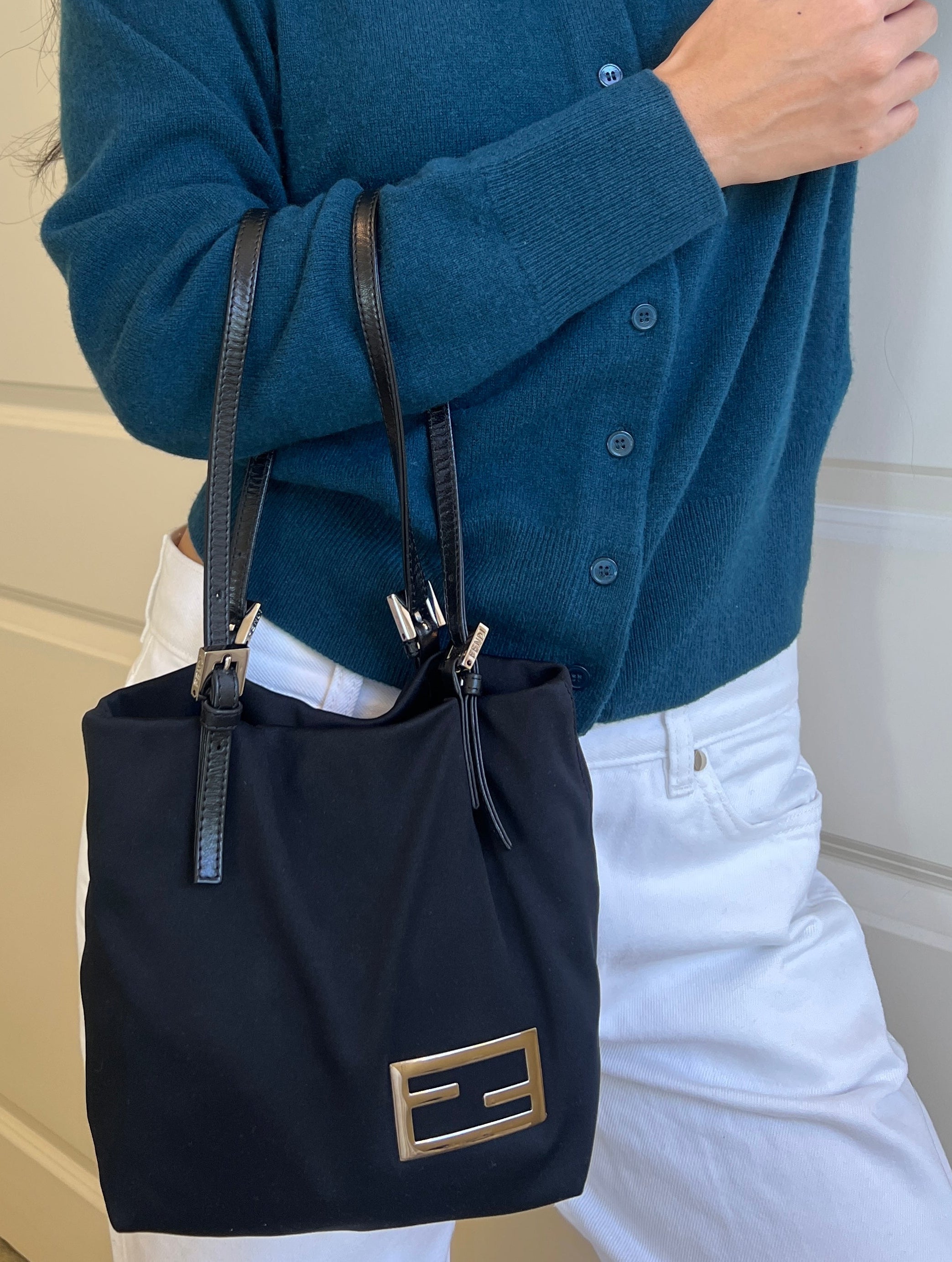 Fendi Nylon Black Leather Bucket Bag