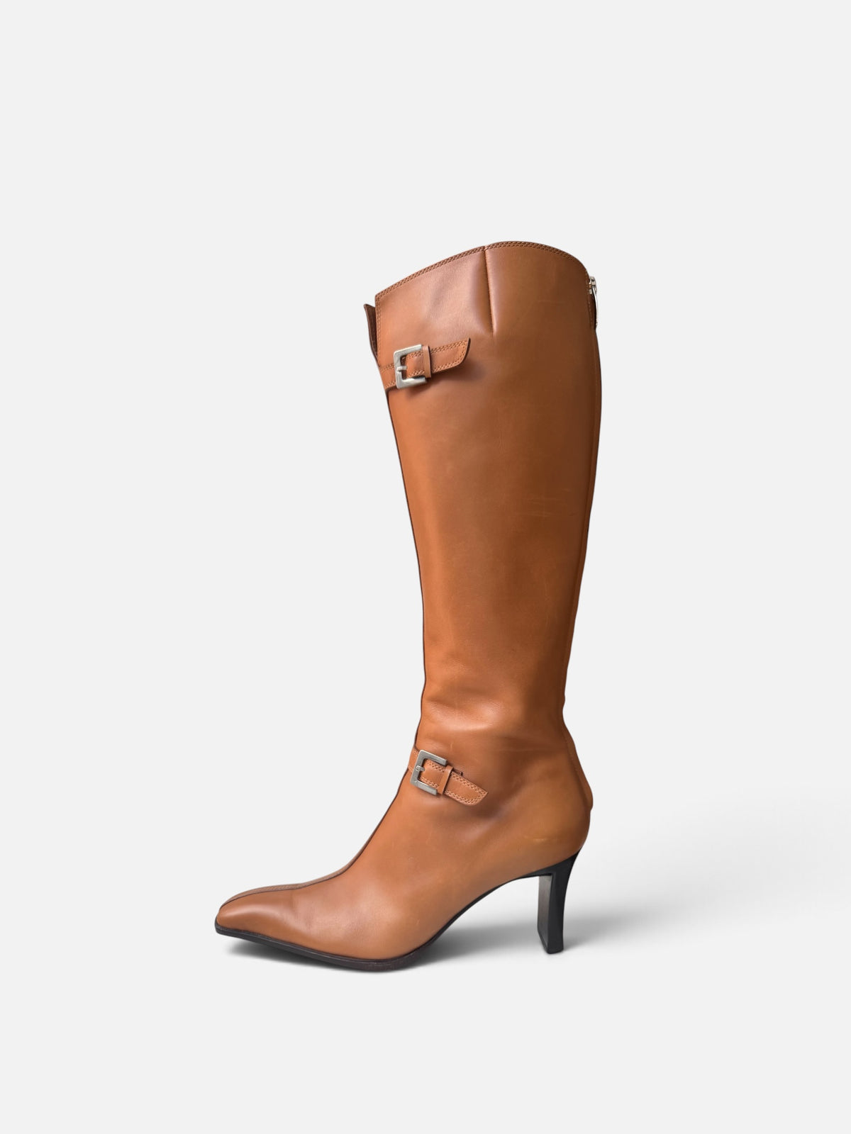 Sergio Rossi Cognac Brown Buckle Heeled Boots