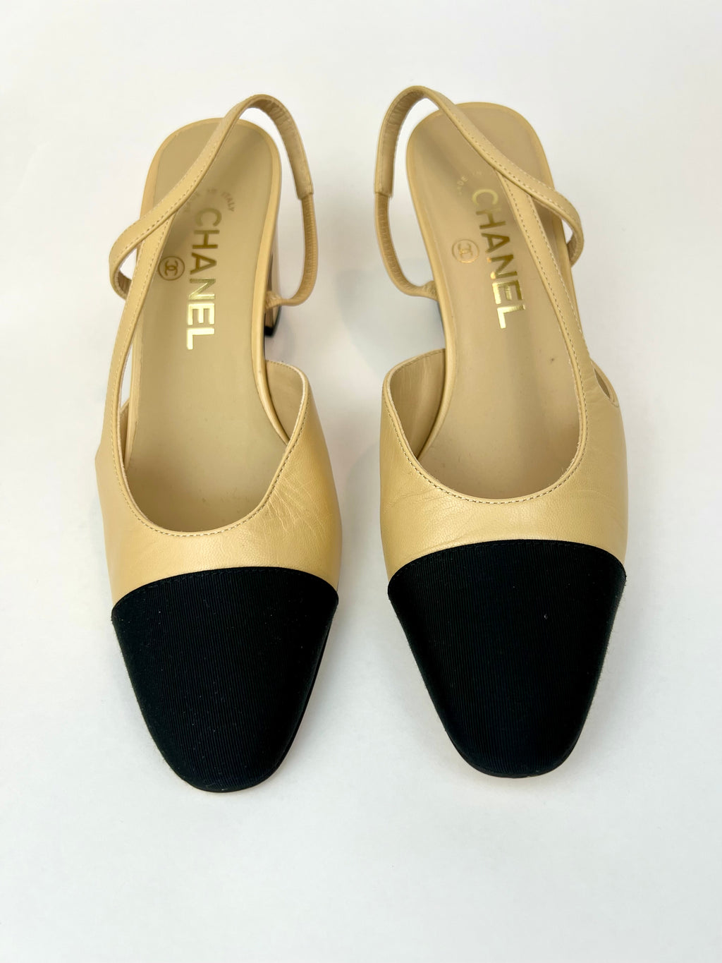 Chanel Cap Toe Slingback Pumps in Beige/Black